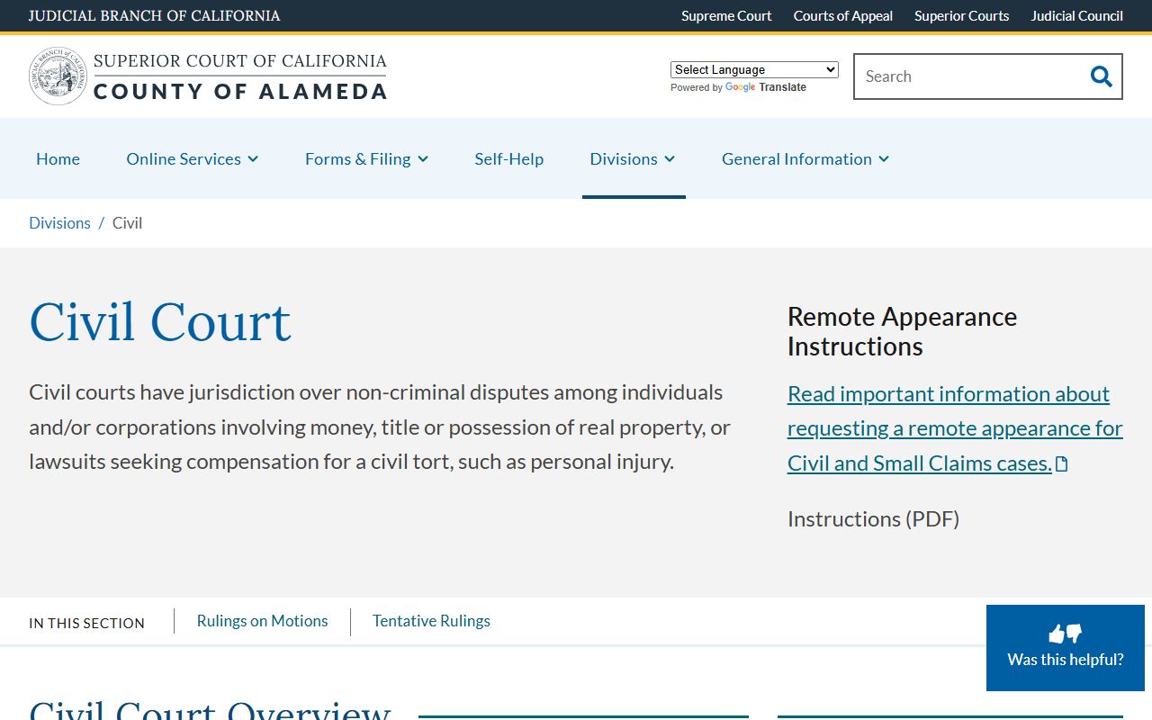 Alameda County civil division page showing civil court locations, reporters, and unlawful detainer assignment rules