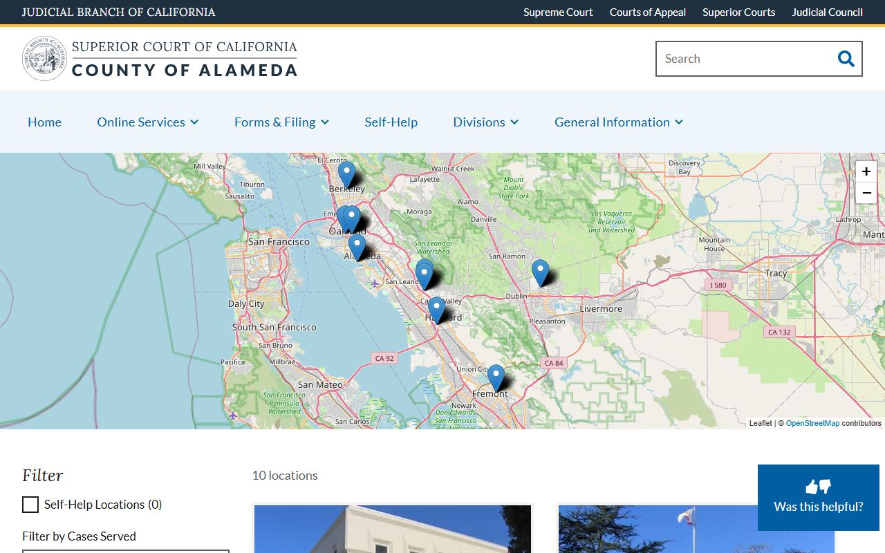 Alameda County Superior Court locations grid showing courthouses, addresses, and phone numbers