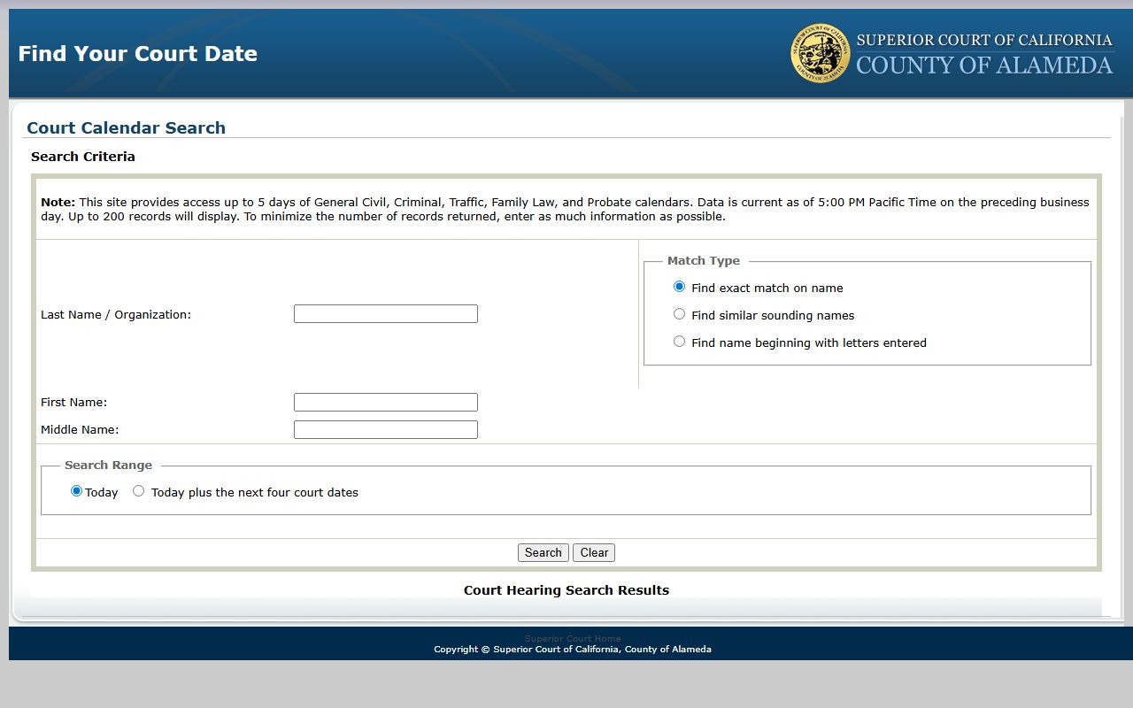 Alameda County Find Your Court Date calendar search page with name and date range fields