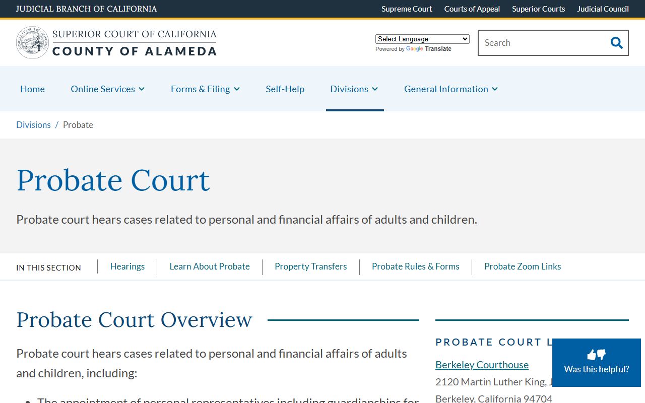 Alameda County Probate Division page showing Berkeley Courthouse filing address, hearing rules, and eCourt access notes