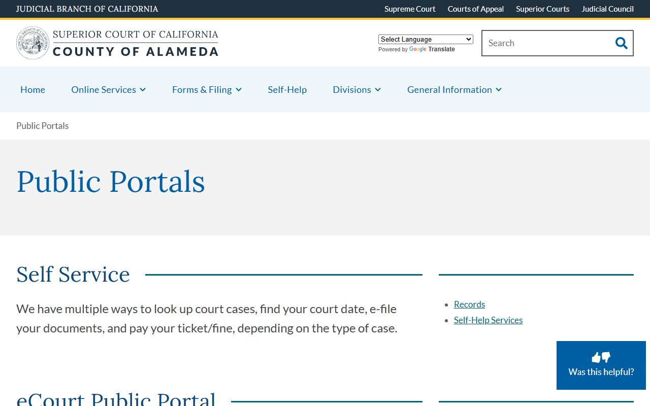 Alameda County Court public portals page listing eCourt, Odyssey criminal search, traffic ticket lookup, and Find Your Court Date