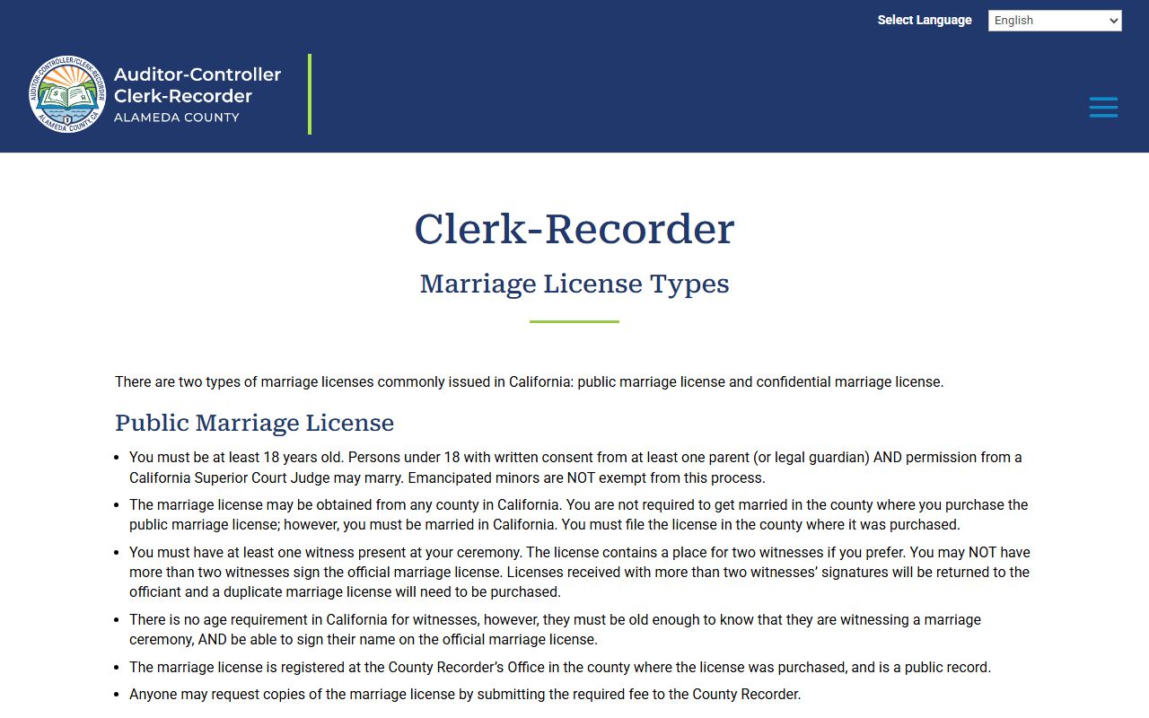 Alameda County Clerk-Recorder page comparing public and confidential marriage license rules