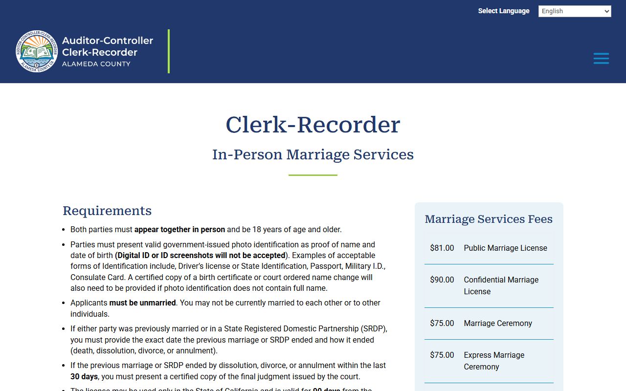 Alameda County Clerk-Recorder marriage services page listing in-person, virtual, and outside ceremony options