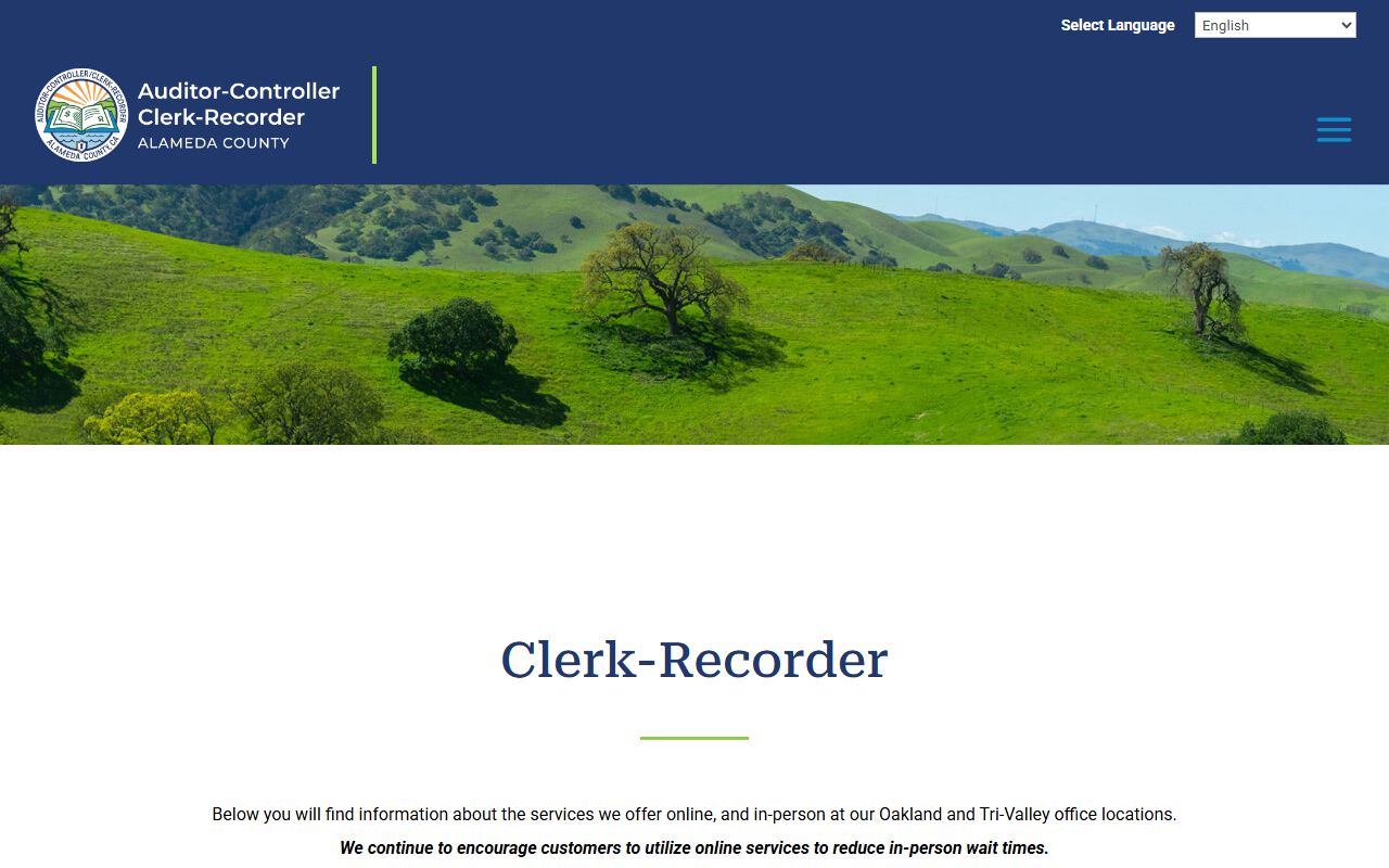 Alameda County Clerk-Recorder home page listing marriage license services, vital records, and public record copies