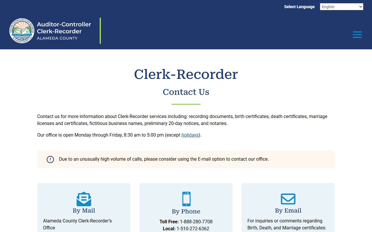 Alameda County Clerk-Recorder contact page showing Oakland and Dublin office hours and phone lines