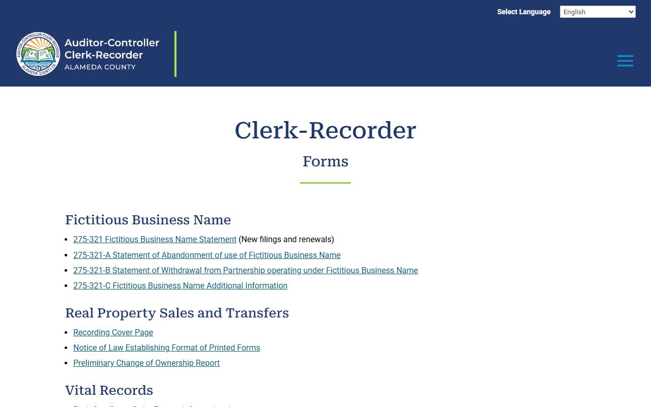 Alameda County Clerk-Recorder forms page listing marriage certificate order forms and other public record forms