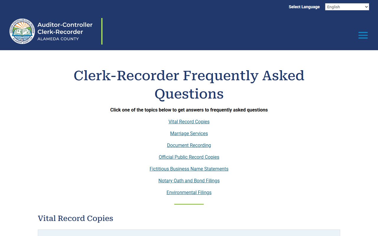 Alameda County Clerk-Recorder FAQ page covering marriage license rules, ID requirements, and ceremony timing