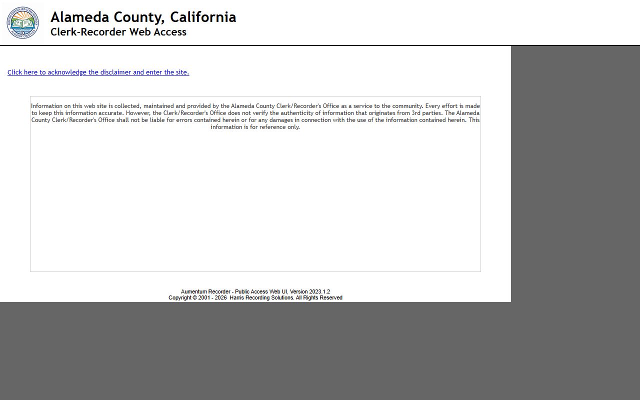 Alameda County Clerk-Recorder online public record index for searching recorded documents by grantor and grantee name