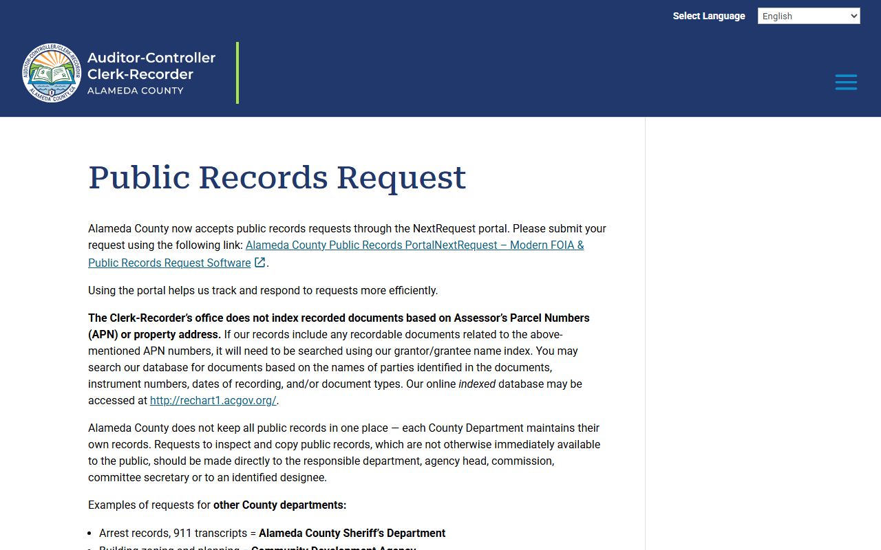 Alameda County Clerk-Recorder public records request page for filing a CPRA request through NextRequest