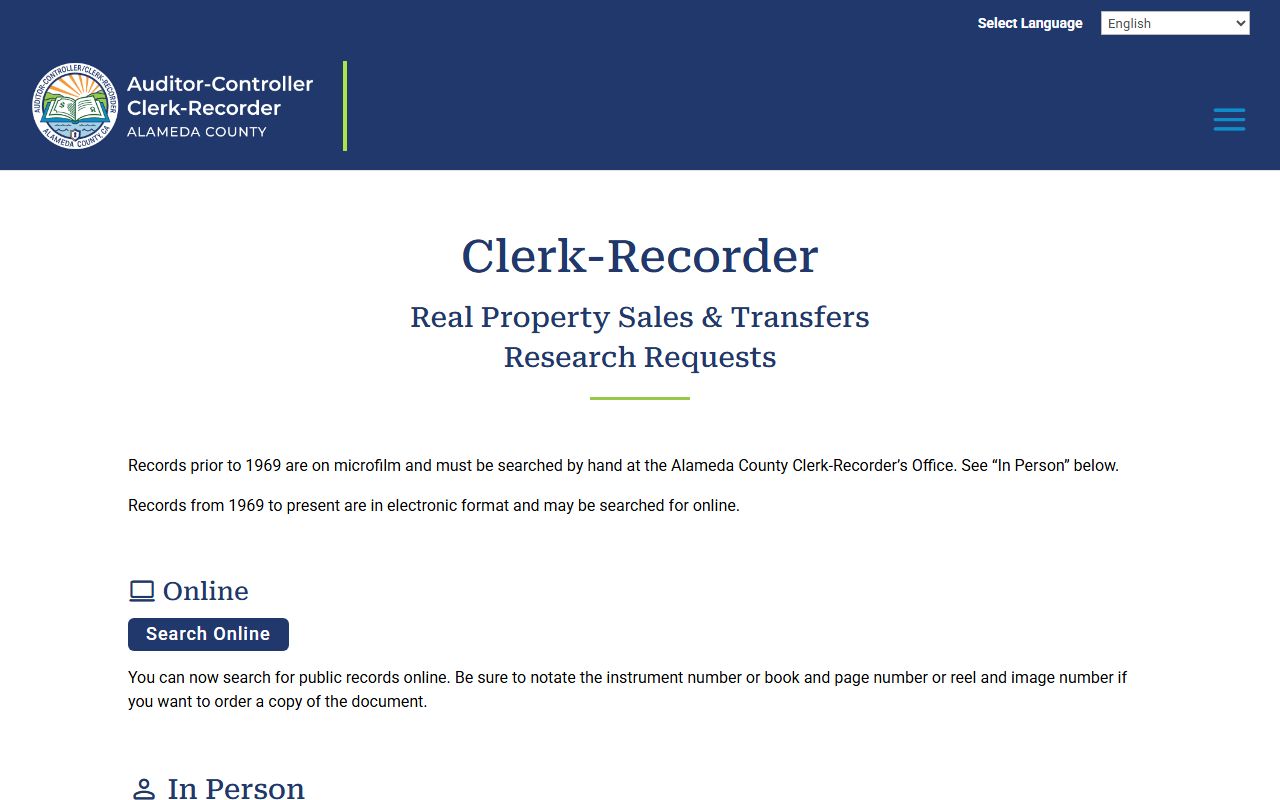 Alameda County Clerk-Recorder real property research request page for requesting recorded document copies