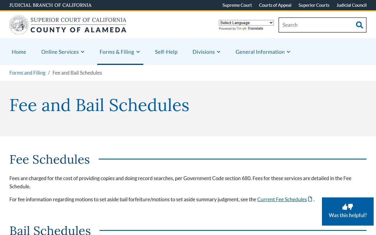 Alameda County Superior Court fee and bail schedules page for court records and public records request fees