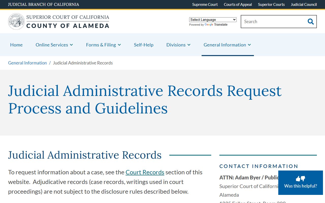 Alameda County Superior Court judicial administrative records page showing rule 10.500 public access procedure