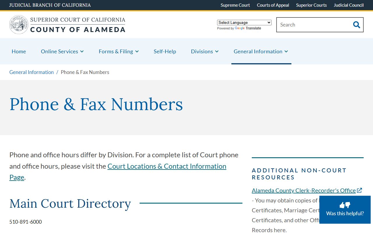 Alameda County Superior Court phone and fax directory listing criminal, civil, family, and probate lines for Alameda County warrant records