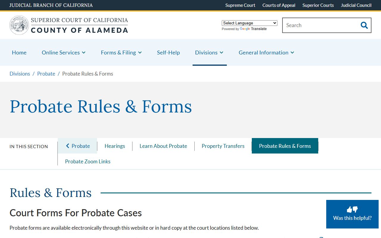 Alameda County probate rules and forms page listing conservatorship, guardianship, decedent estate, and small estate packets