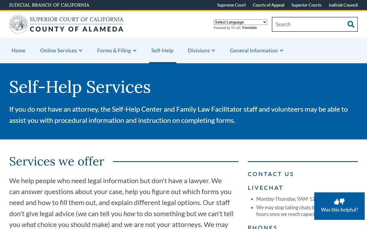Alameda County Superior Court Self-Help Center page with court records and case help resources