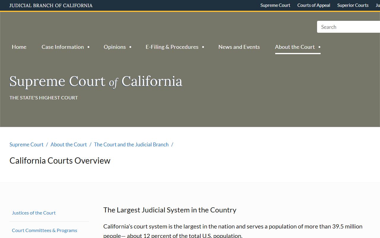 California Supreme Court overview page describing the three-level state court system that includes Alameda County Superior Court