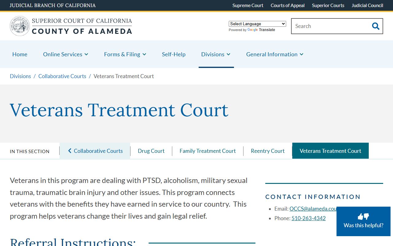 Alameda County Veterans Treatment Court page listing eligibility, referrals, and program benefits inside the Superior Court