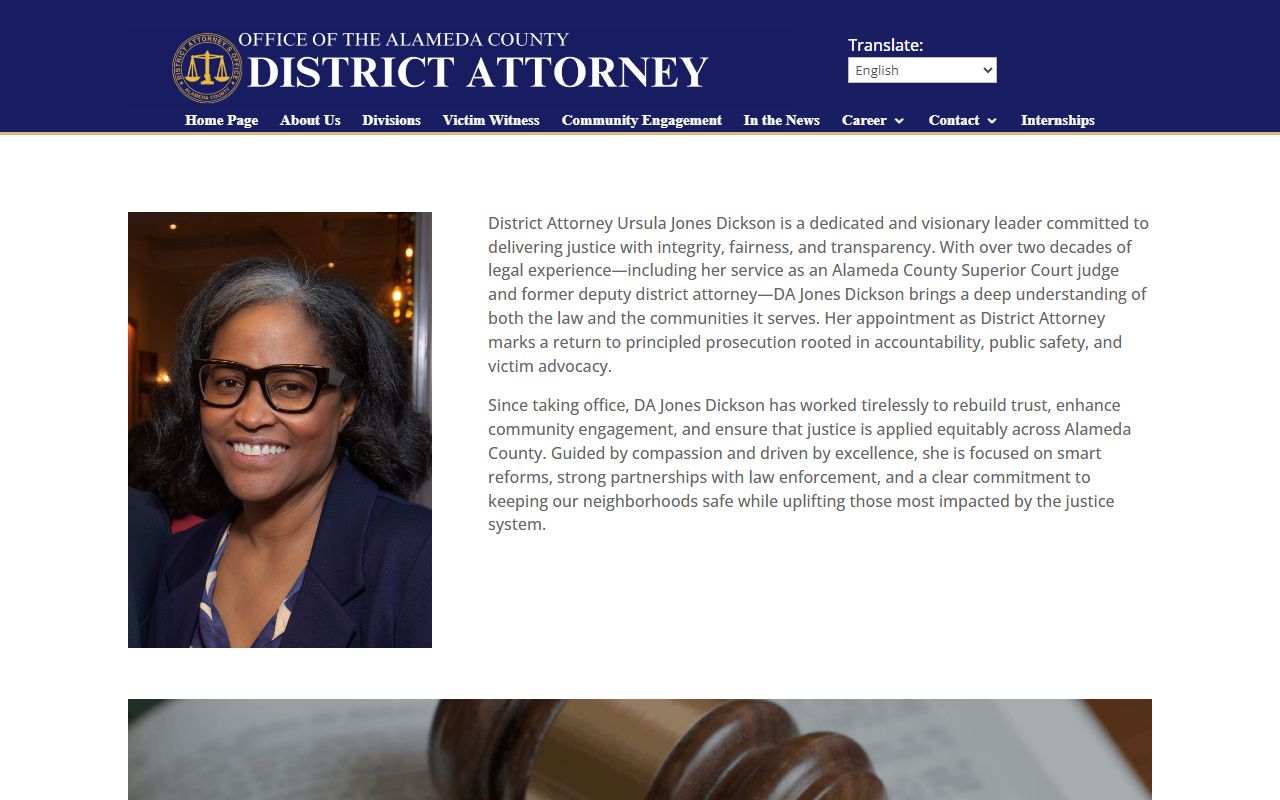 Alameda County District Attorney homepage describing the office that files criminal cases in the Alameda Superior Court
