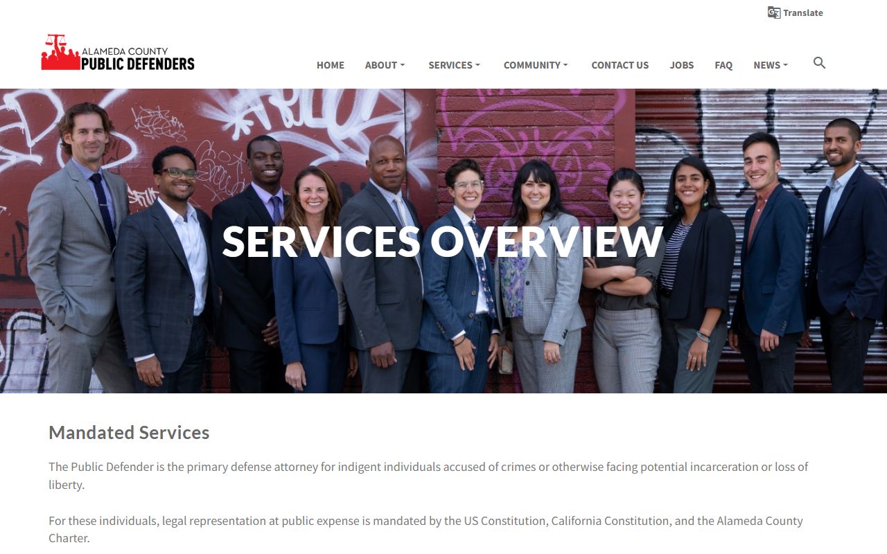 Alameda County Public Defender services page listing Clean Slate, collaborative courts, and post-conviction relief
