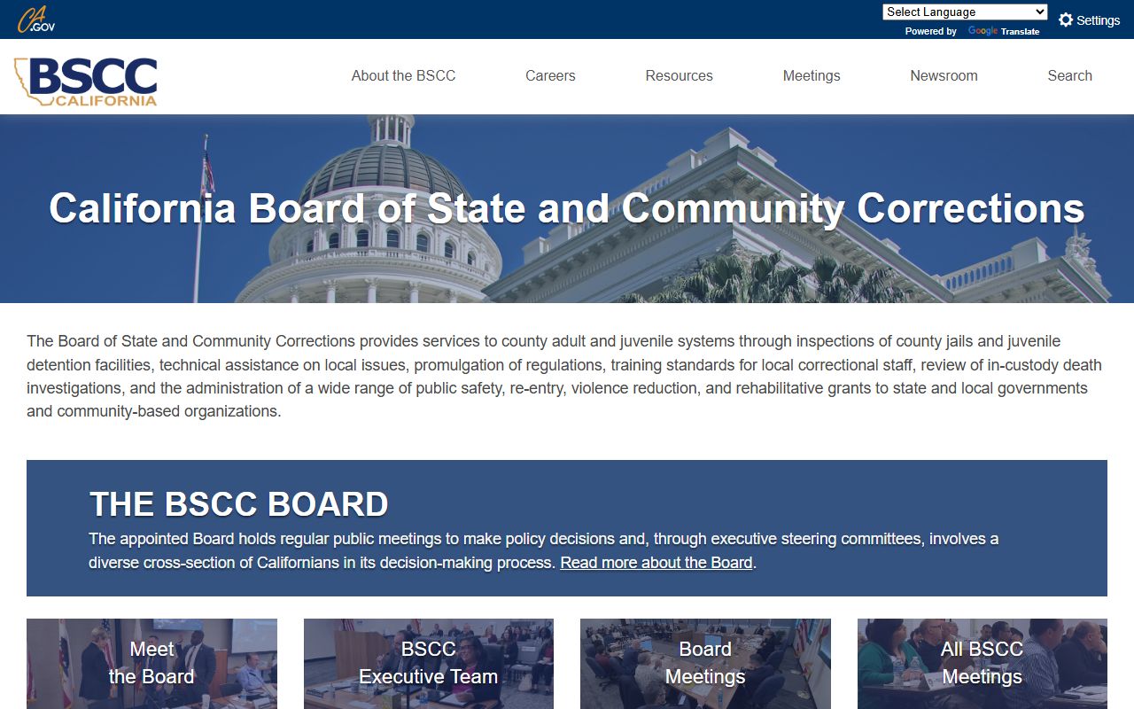 California Board of State and Community Corrections home page used for Alameda County jail population data