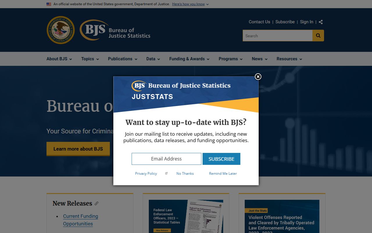 Bureau of Justice Statistics home page used for Alameda County jail population per 100k context