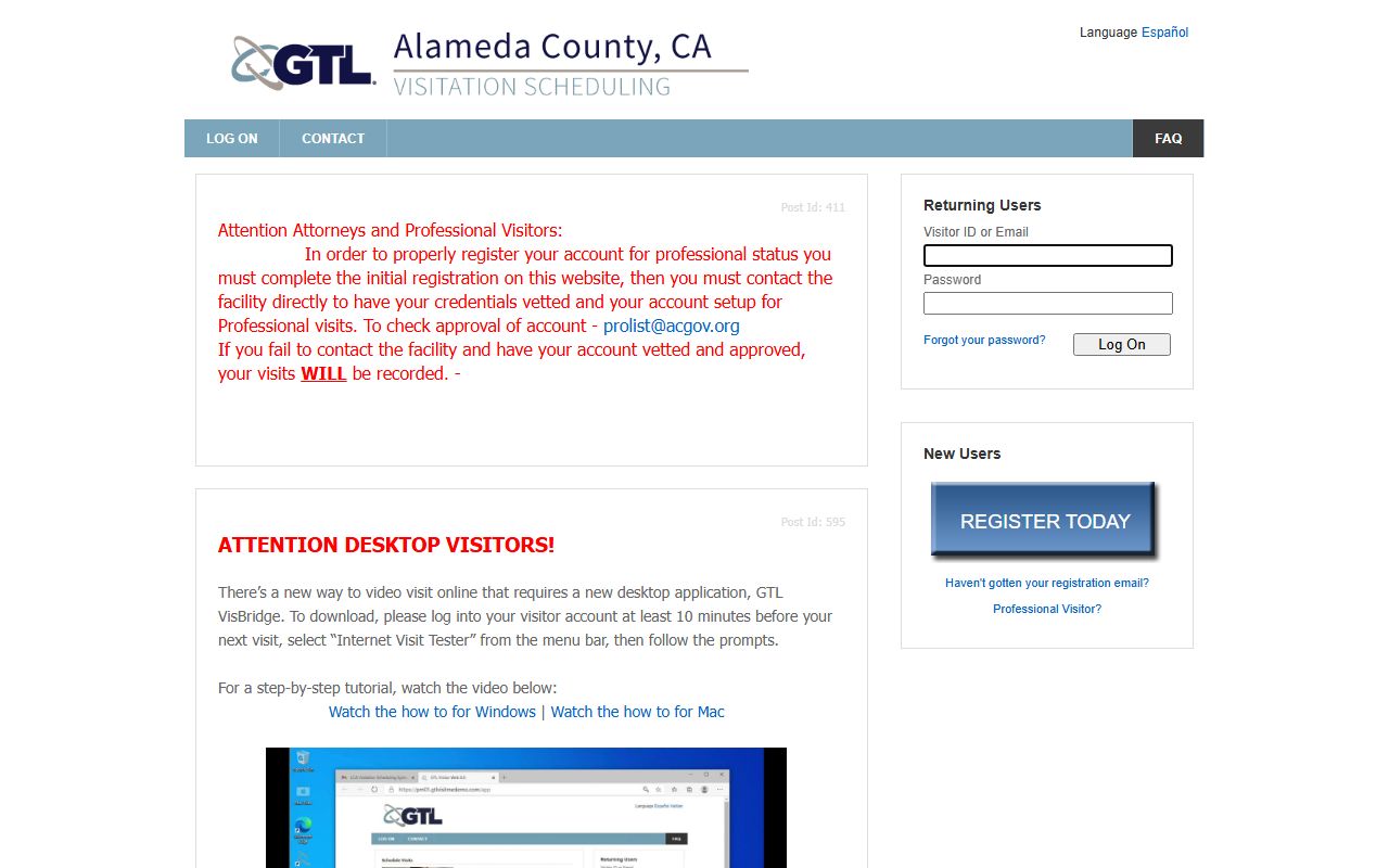 Santa Rita Jail visitation reservation site run by ViaPath for the Alameda County Sheriff