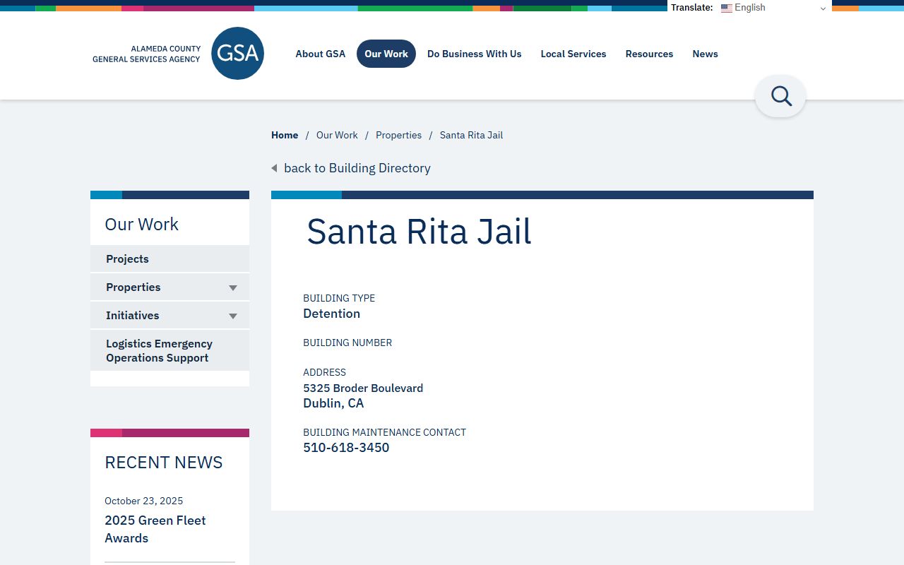 Alameda County GSA building directory entry for Santa Rita Jail in Dublin showing address, detention building type, and maintenance contact