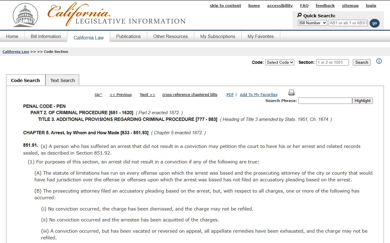 California Penal Code section 851.91 statute page covering Alameda County arrest record sealing