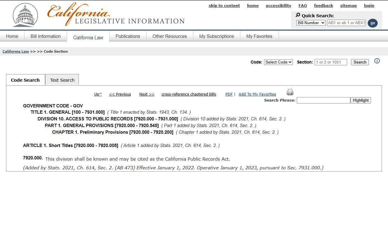 California Public Records Act statute page at Government Code section 7920.000 for Alameda County public records