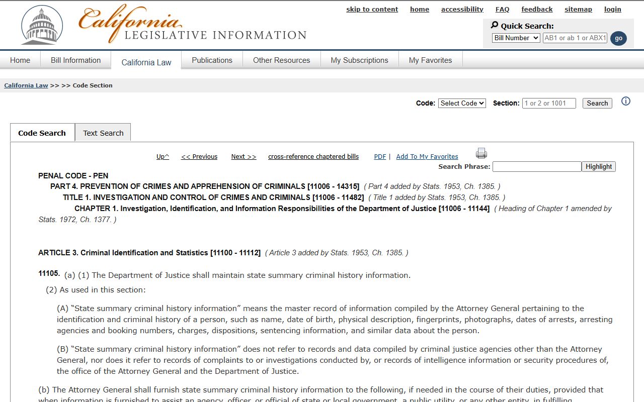 California Penal Code section 11105 page covering state summary criminal history outside Alameda County public records