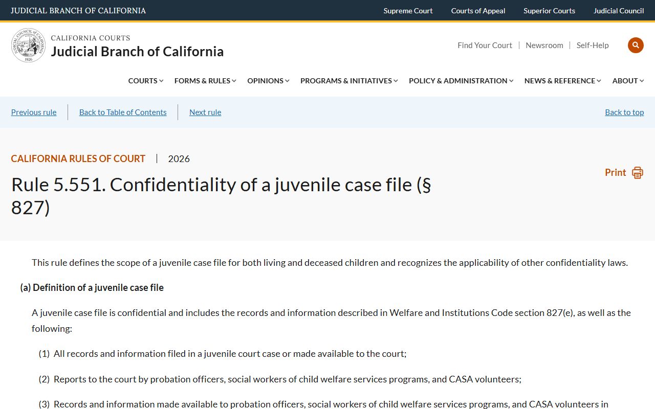 California Rules of Court rule 5.551 juvenile case file confidentiality used by Alameda County courts