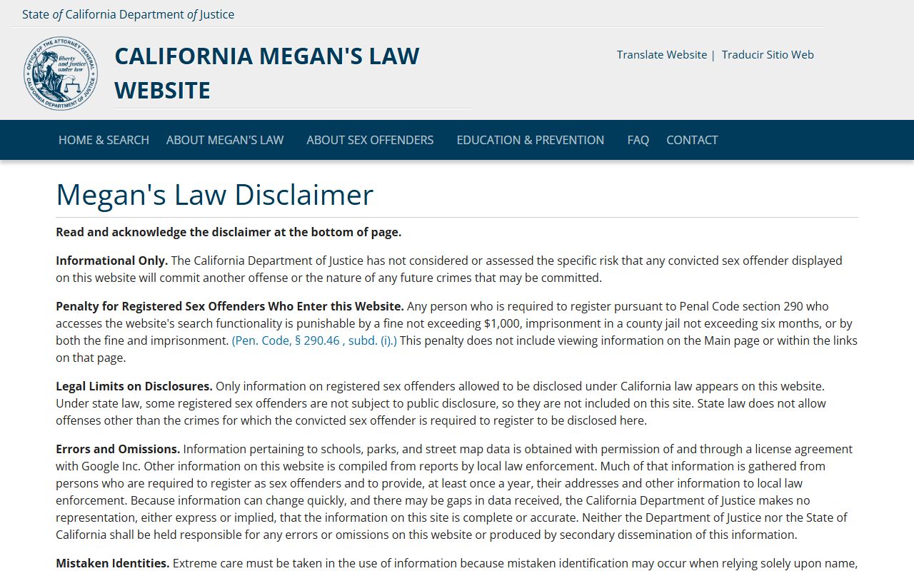 California Megan's Law registry home page used to look up Alameda County released sex offenders