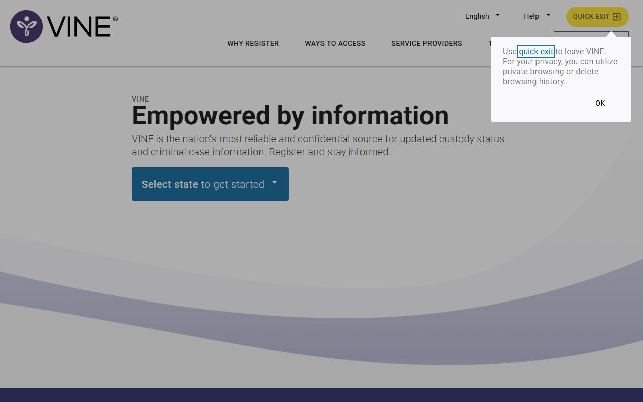 VINELink home page used to set Alameda County released inmate release alerts