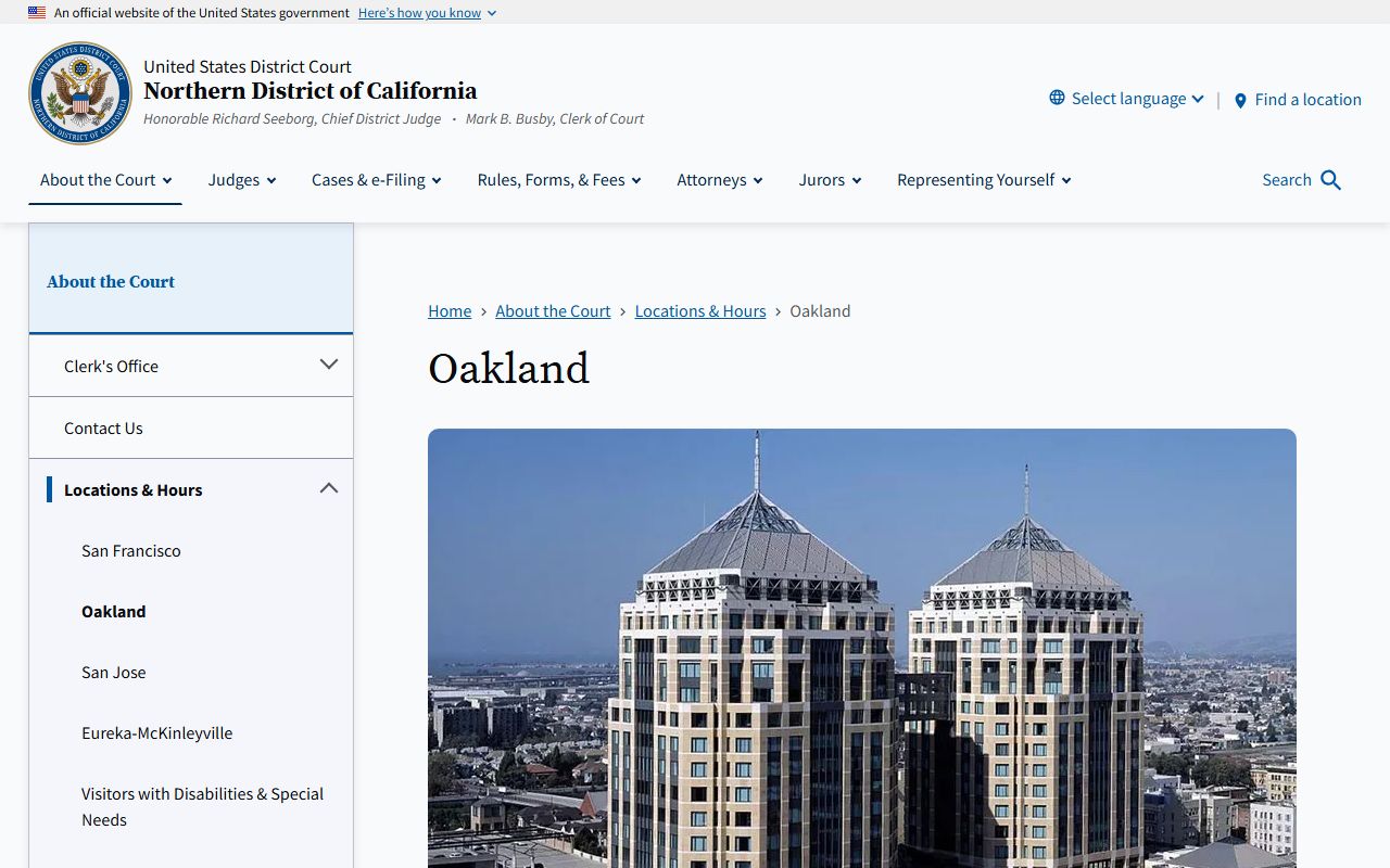 U.S. District Court Northern District of California Oakland location page for the Dellums Federal Building serving Alameda County